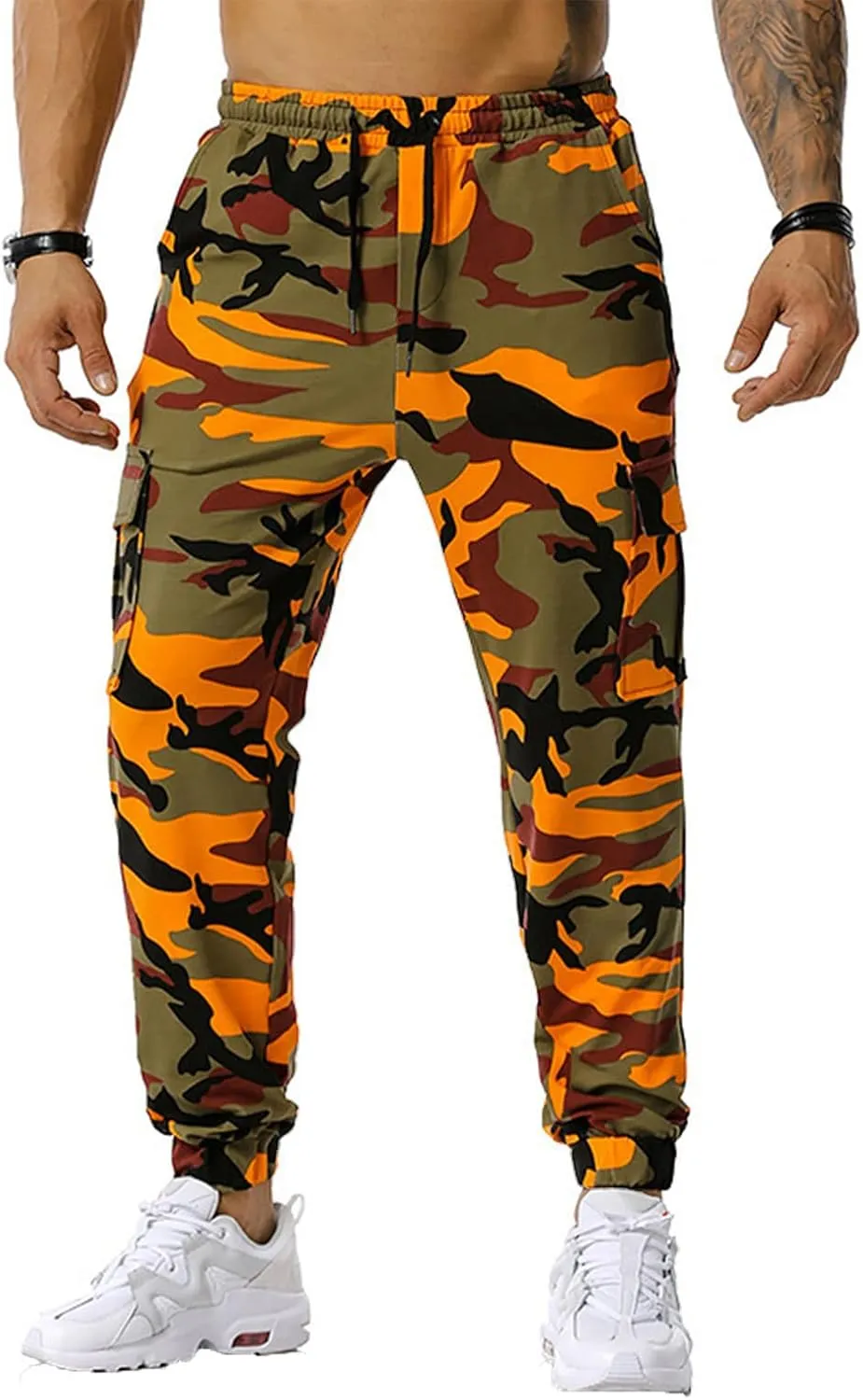 Stretch Multi-Pocket Cargo Pants for Men Drawstring Camouflage Print Straight Workout Joggers Sweatpants with Pockets