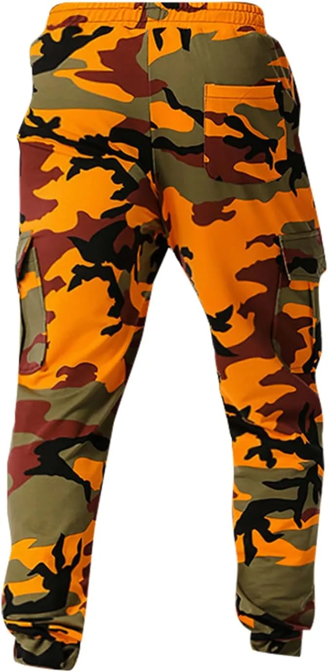 Stretch Multi-Pocket Cargo Pants for Men Drawstring Camouflage Print Straight Workout Joggers Sweatpants with Pockets
