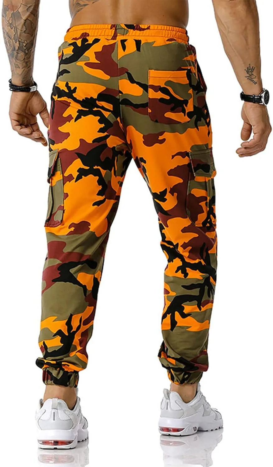 Stretch Multi-Pocket Cargo Pants for Men Drawstring Camouflage Print Straight Workout Joggers Sweatpants with Pockets