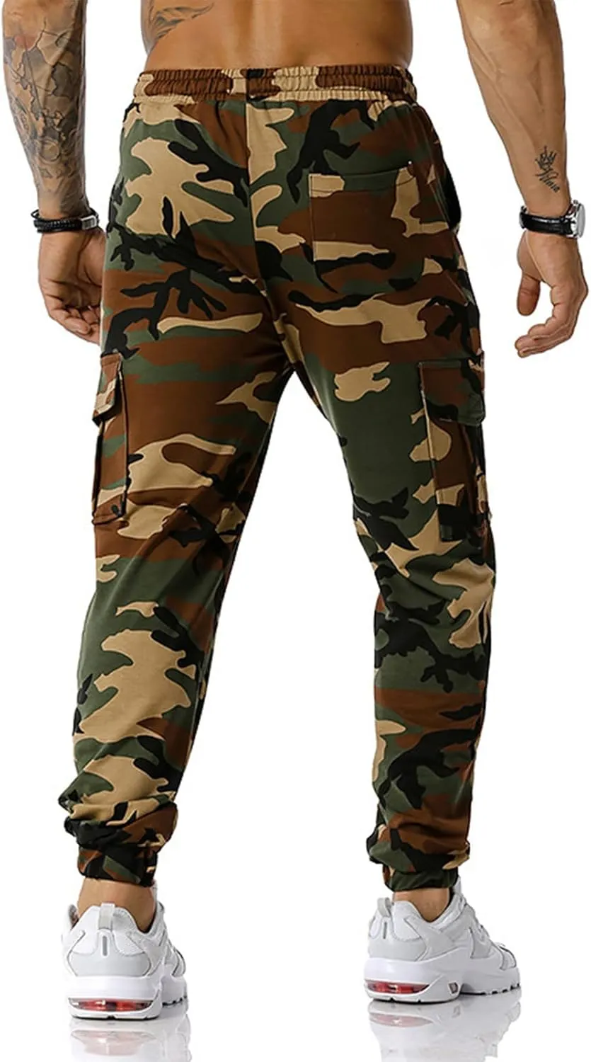 Stretch Multi-Pocket Cargo Pants for Men Drawstring Camouflage Print Straight Workout Joggers Sweatpants with Pockets