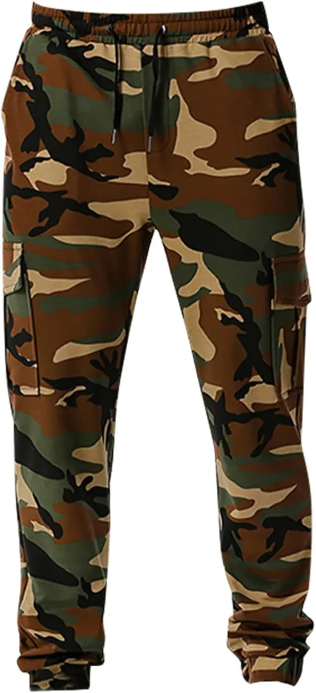 Stretch Multi-Pocket Cargo Pants for Men Drawstring Camouflage Print Straight Workout Joggers Sweatpants with Pockets