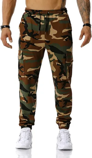 Stretch Multi-Pocket Cargo Pants for Men Drawstring Camouflage Print Straight Workout Joggers Sweatpants with Pockets