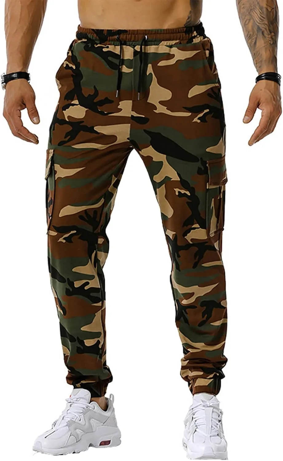 Stretch Multi-Pocket Cargo Pants for Men Drawstring Camouflage Print Straight Workout Joggers Sweatpants with Pockets