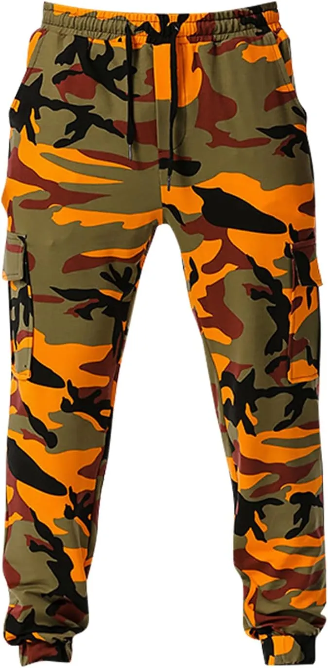 Stretch Multi-Pocket Cargo Pants for Men Drawstring Camouflage Print Straight Workout Joggers Sweatpants with Pockets