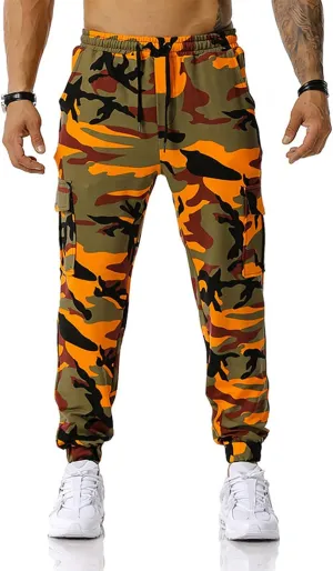 Stretch Multi-Pocket Cargo Pants for Men Drawstring Camouflage Print Straight Workout Joggers Sweatpants with Pockets