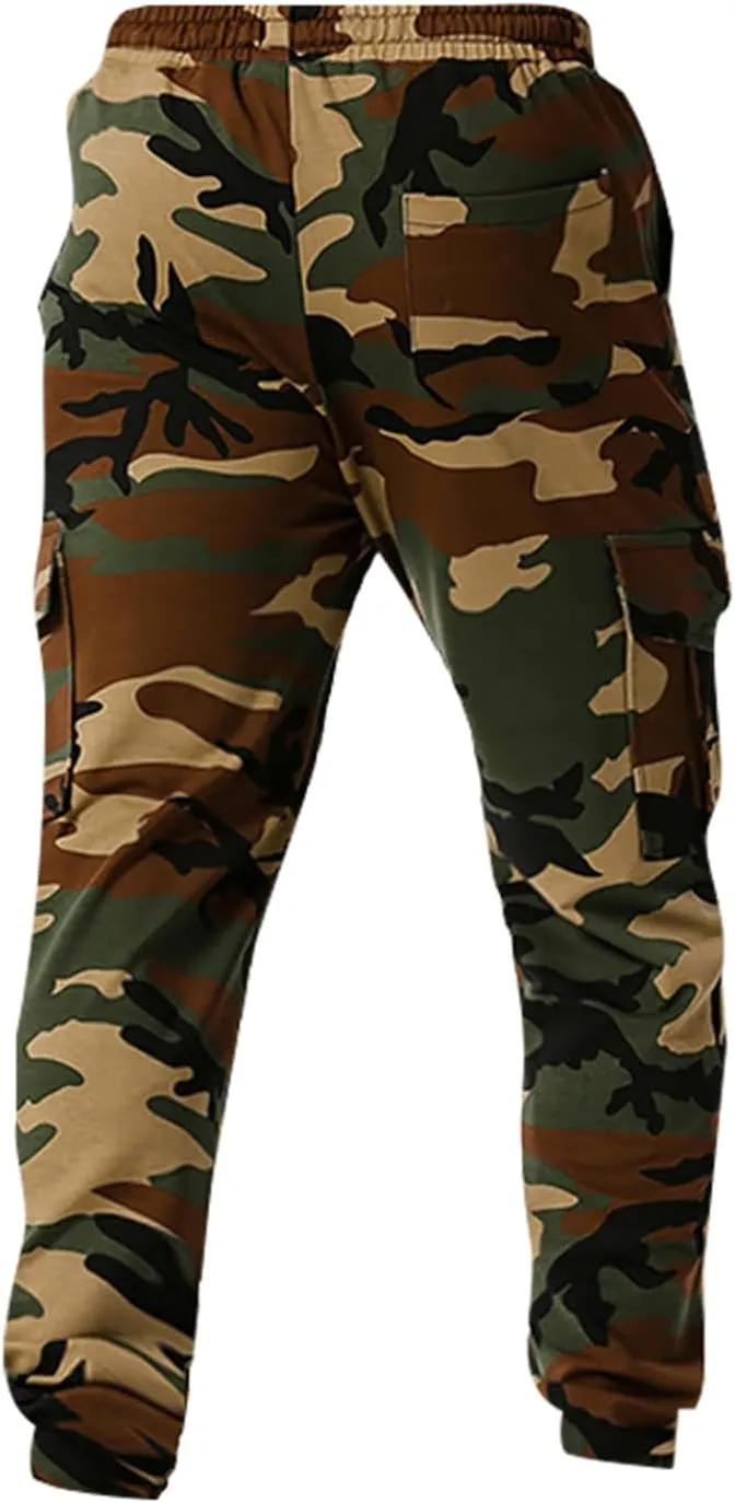 Stretch Multi-Pocket Cargo Pants for Men Drawstring Camouflage Print Straight Workout Joggers Sweatpants with Pockets
