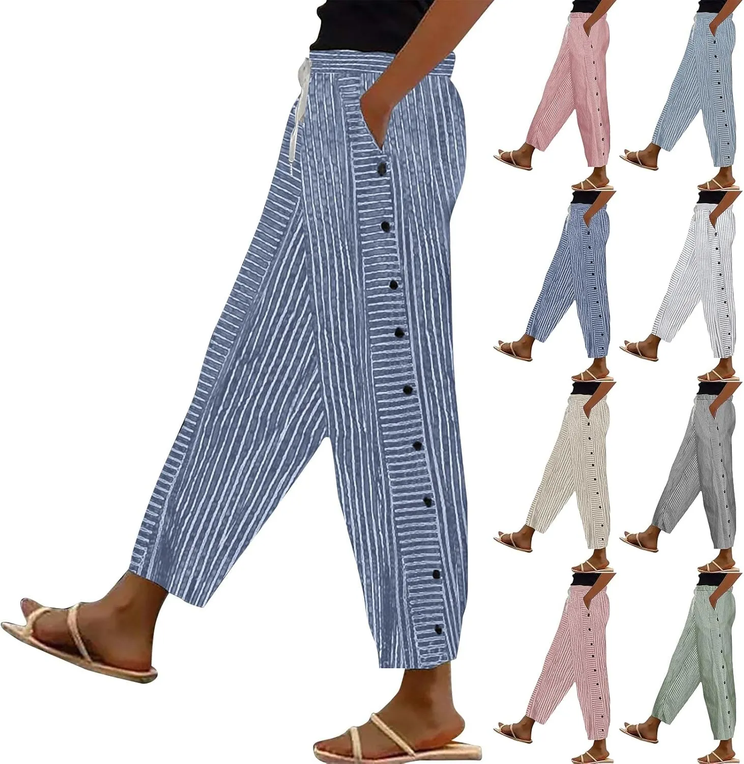 Striped Linen Pants Women,Trendy Side Button Capris,Casual Summer Gauze Pants,Elastic Waist Beach Trousers with Pockets