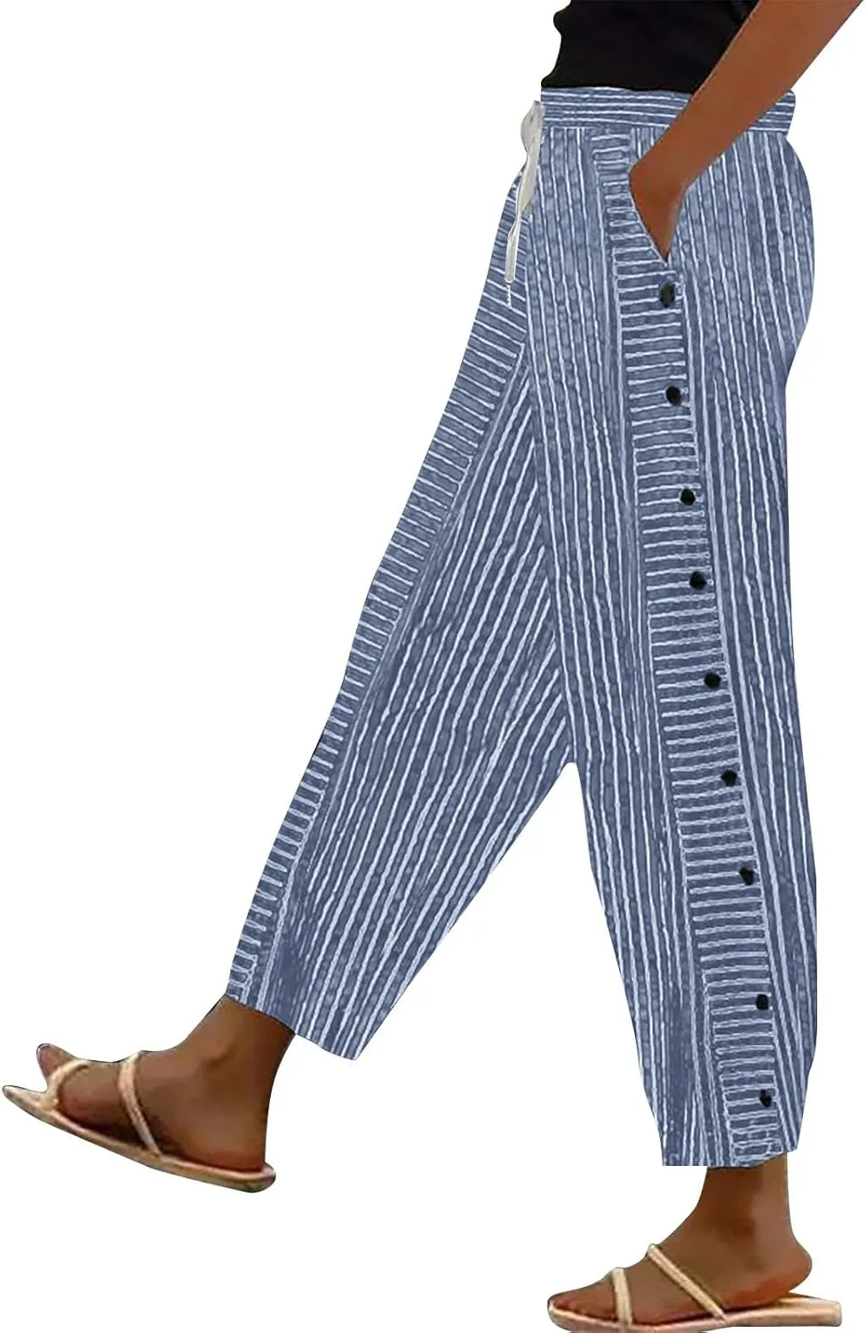 Striped Linen Pants Women,Trendy Side Button Capris,Casual Summer Gauze Pants,Elastic Waist Beach Trousers with Pockets