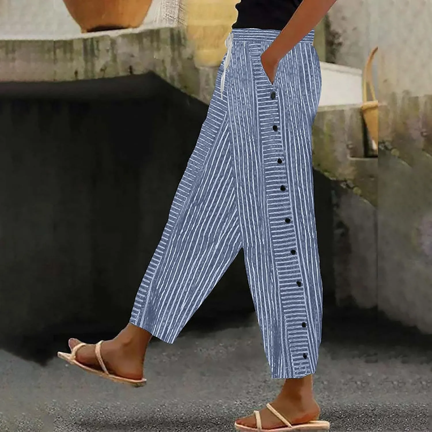 Striped Linen Pants Women,Trendy Side Button Capris,Casual Summer Gauze Pants,Elastic Waist Beach Trousers with Pockets