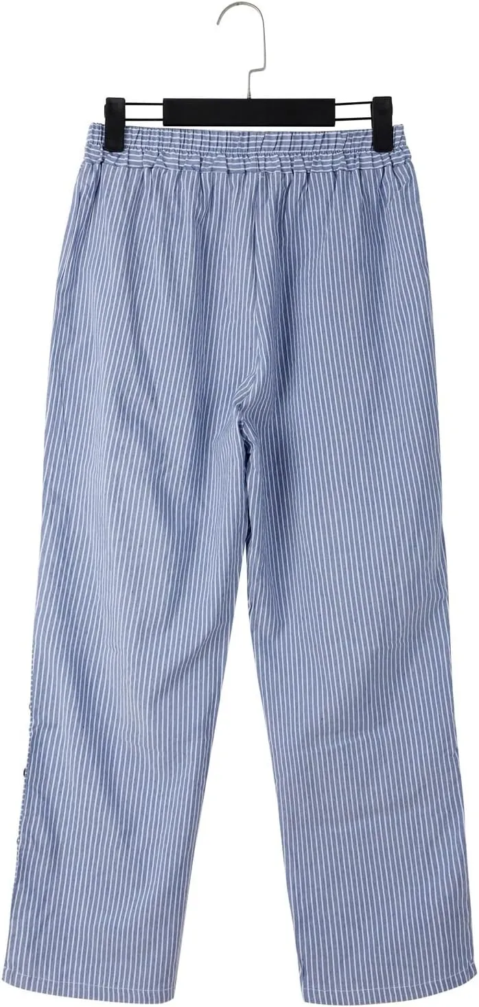Striped Linen Pants Women,Trendy Side Button Capris,Casual Summer Gauze Pants,Elastic Waist Beach Trousers with Pockets