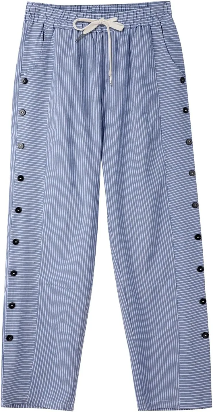 Striped Linen Pants Women,Trendy Side Button Capris,Casual Summer Gauze Pants,Elastic Waist Beach Trousers with Pockets