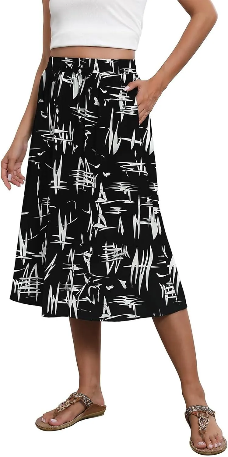 Summer Skirts for Women 2025 Elastic High Waisted Floral Midi Skirt Baggy Boho Beach Flowy Swing Skirts with Pockets