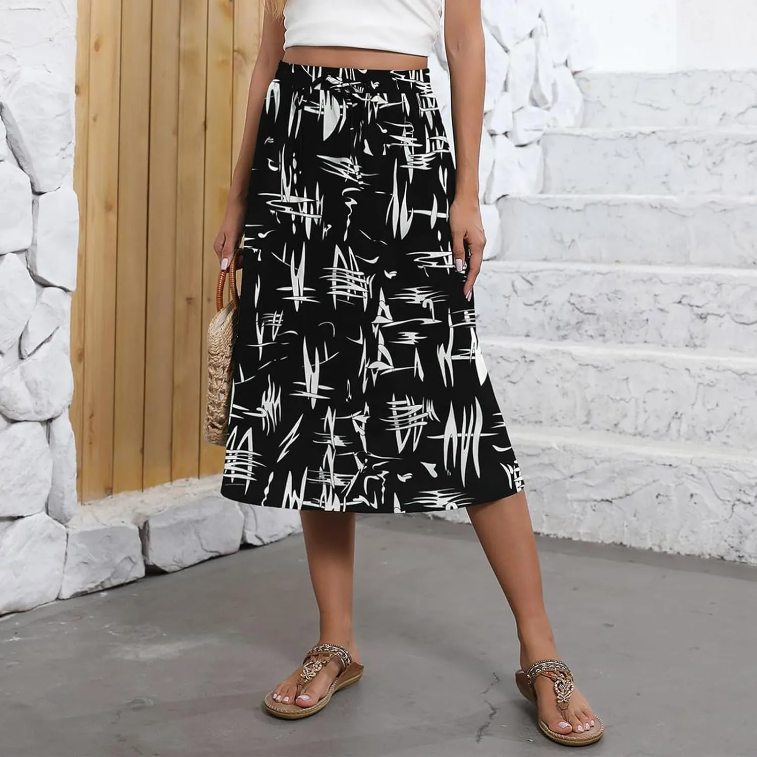 Summer Skirts for Women 2025 Elastic High Waisted Floral Midi Skirt Baggy Boho Beach Flowy Swing Skirts with Pockets