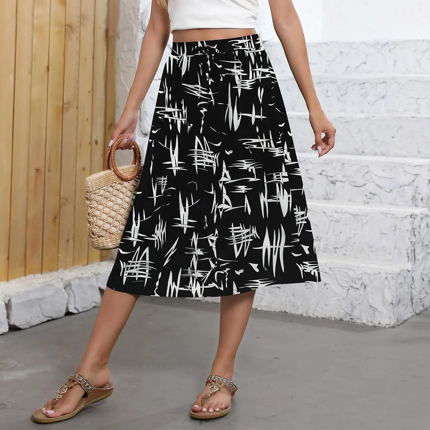 Summer Skirts for Women 2025 Elastic High Waisted Floral Midi Skirt Baggy Boho Beach Flowy Swing Skirts with Pockets