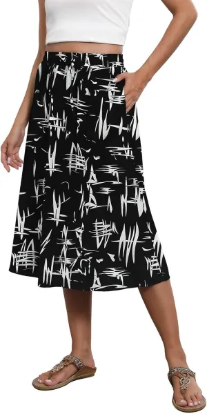 Summer Skirts for Women 2025 Elastic High Waisted Floral Midi Skirt Baggy Boho Beach Flowy Swing Skirts with Pockets