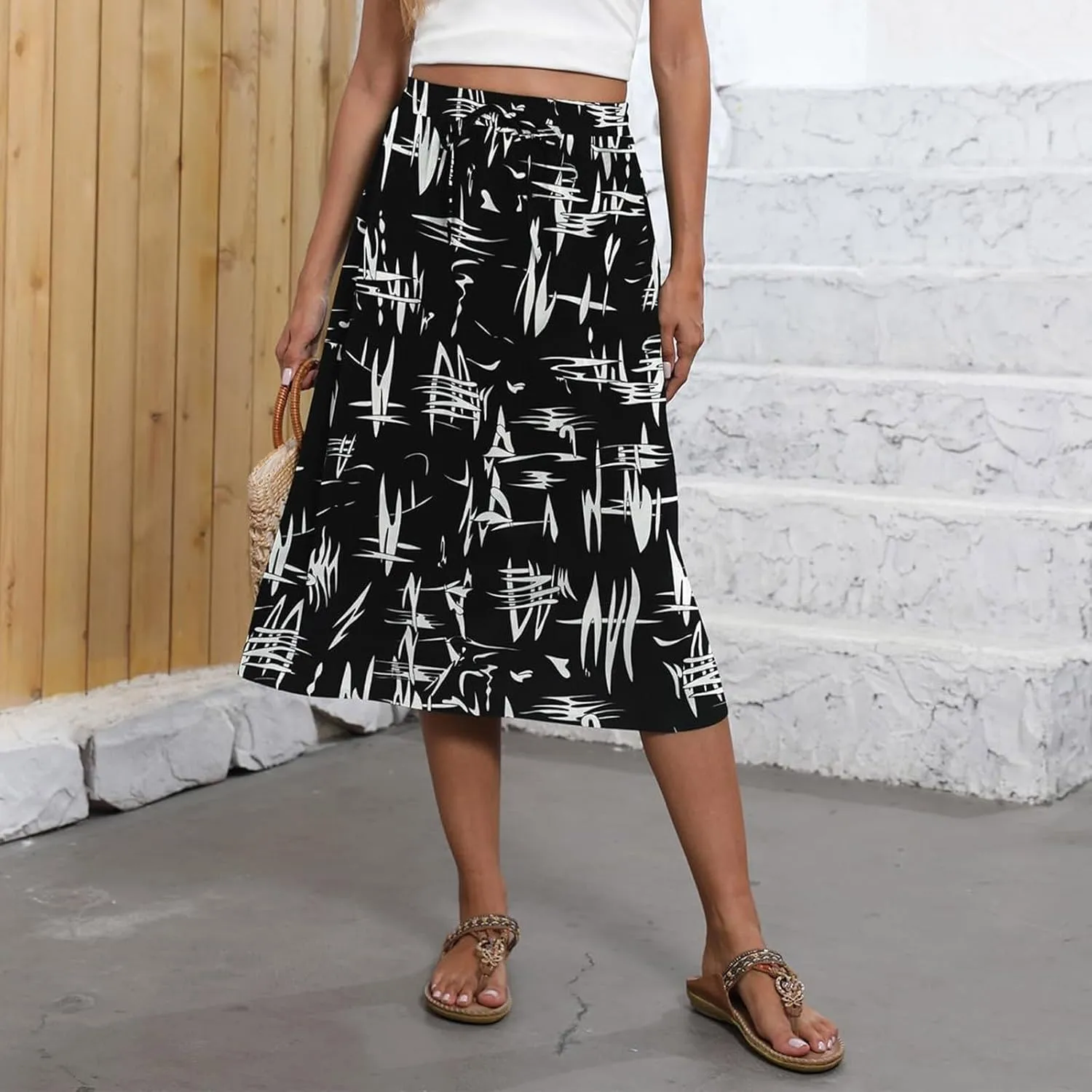 Summer Skirts for Women 2025 Elastic High Waisted Floral Midi Skirt Baggy Boho Beach Flowy Swing Skirts with Pockets