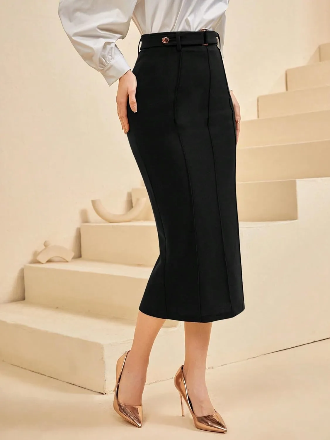 Summer Spring Womens Skirts Button Slit Hem Pencil Long Skirt