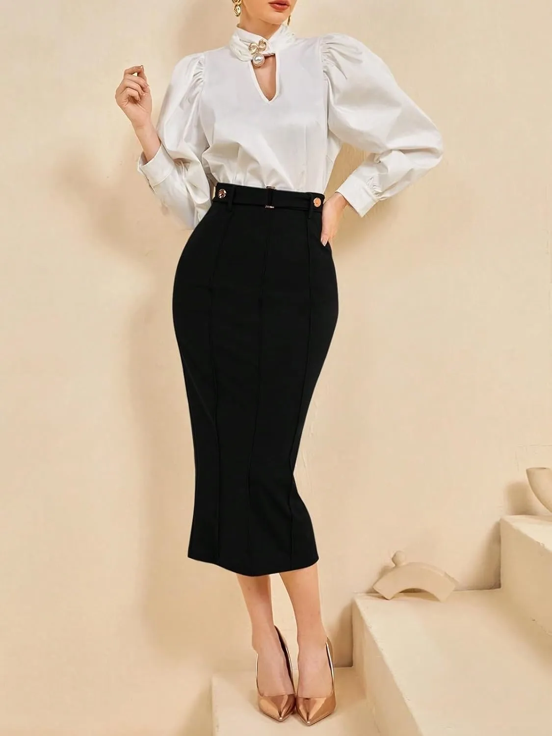 Summer Spring Womens Skirts Button Slit Hem Pencil Long Skirt