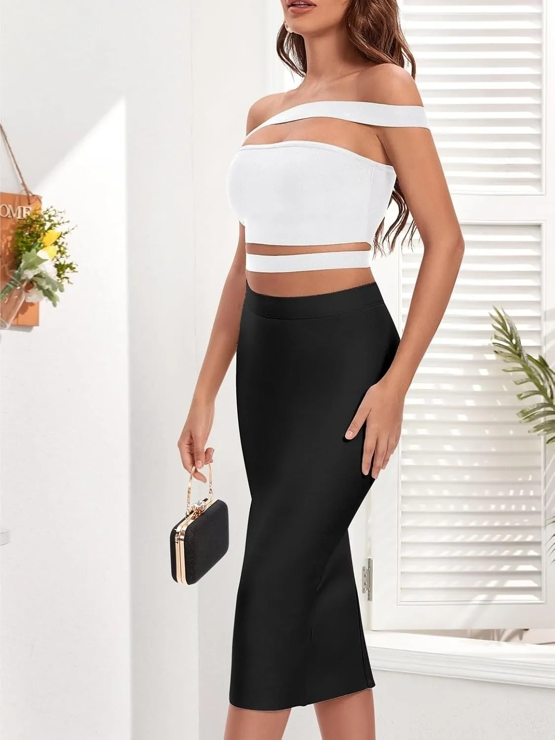 Summer Spring Womens Skirts Zipper Back Slit Hem Pencil Midi Skirt