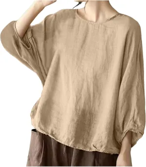 Summer Womens 3 of 4 Sleeve Crew Neck Floral Printed Loose Top T Shirts Casual Linen Tunic Tee Cute Dog Shirt for