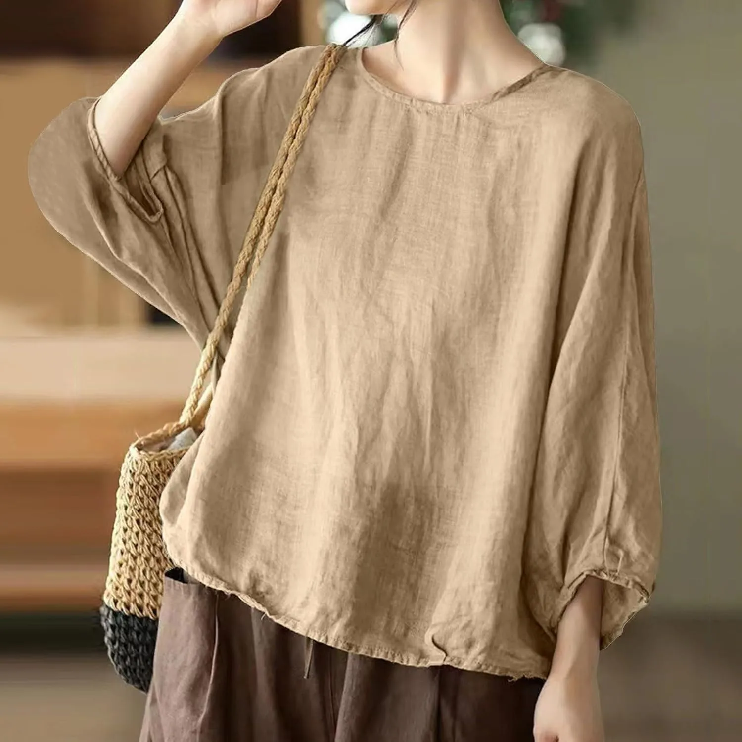 Summer Womens 3 of 4 Sleeve Crew Neck Floral Printed Loose Top T Shirts Casual Linen Tunic Tee Cute Dog Shirt for