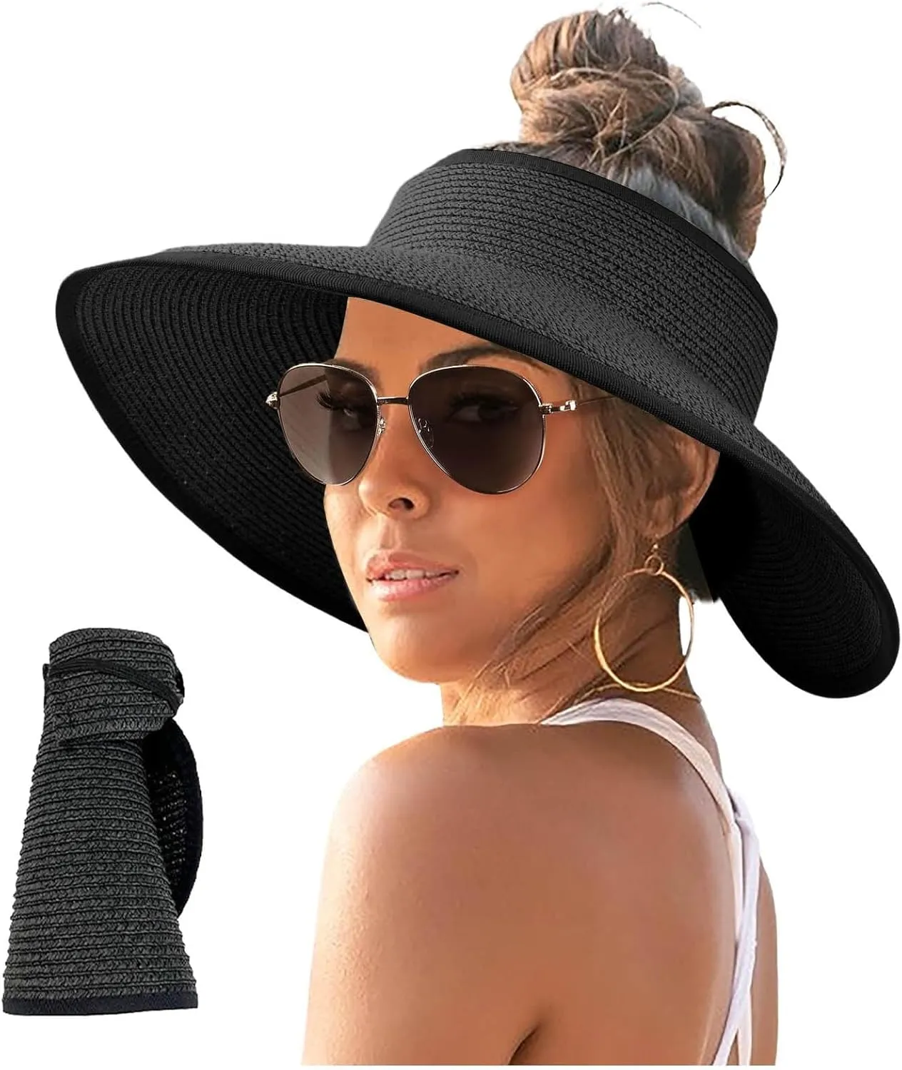 Sun Visor Hats for Women Wide Brim Straw Roll Up Ponytail Hat Summer Beach Hat Uv Protection Packable Foldable Travel Sun Hat