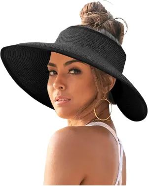 Sun Visor Hats for Women Wide Brim Straw Roll Up Ponytail Hat Summer Beach Hat Uv Protection Packable Foldable Travel Sun Hat