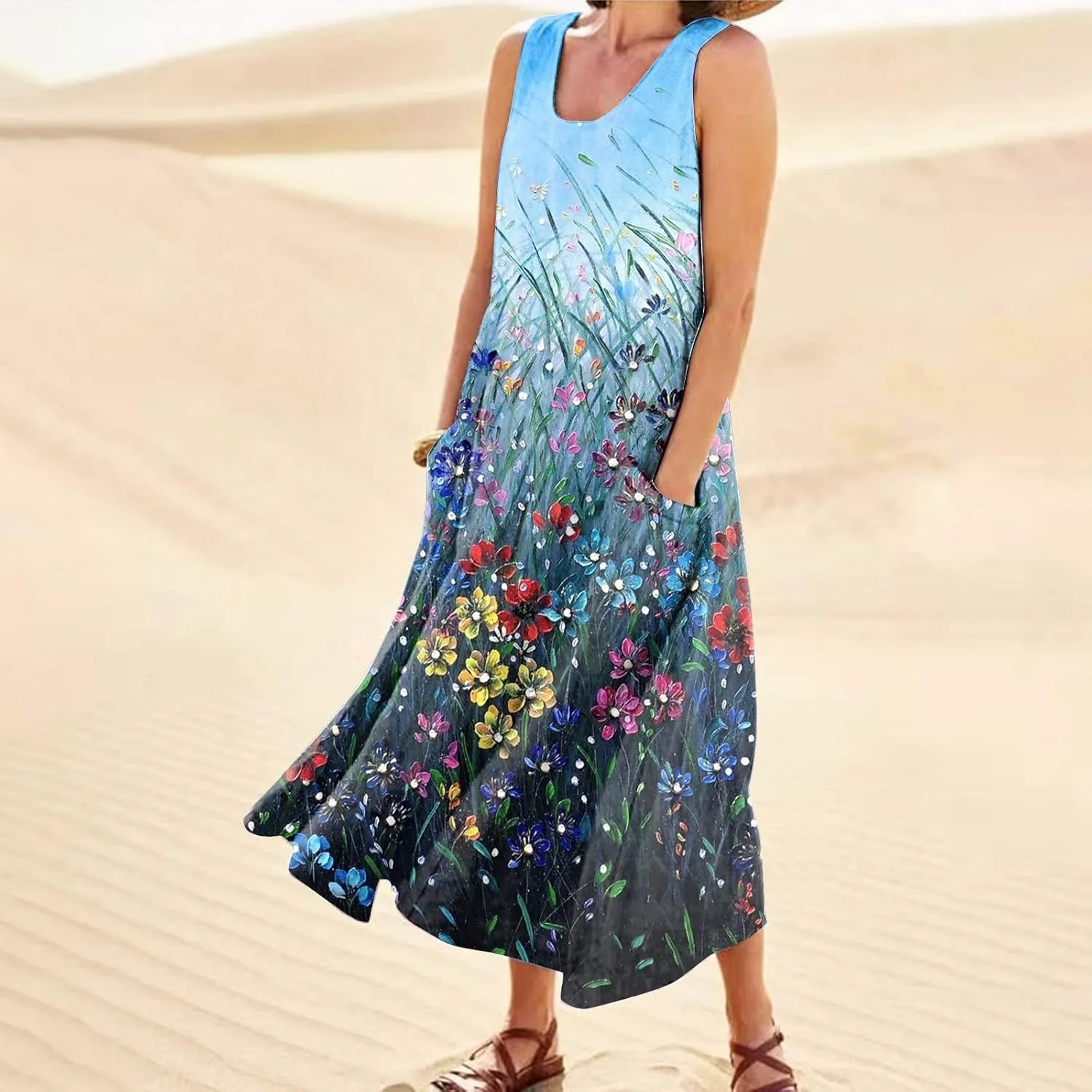 Sundresses for Women 2025 Sleeveless U Neck Boho Dress Floral Print A-Line Sundress Flowy Tank Dress with Pockets
