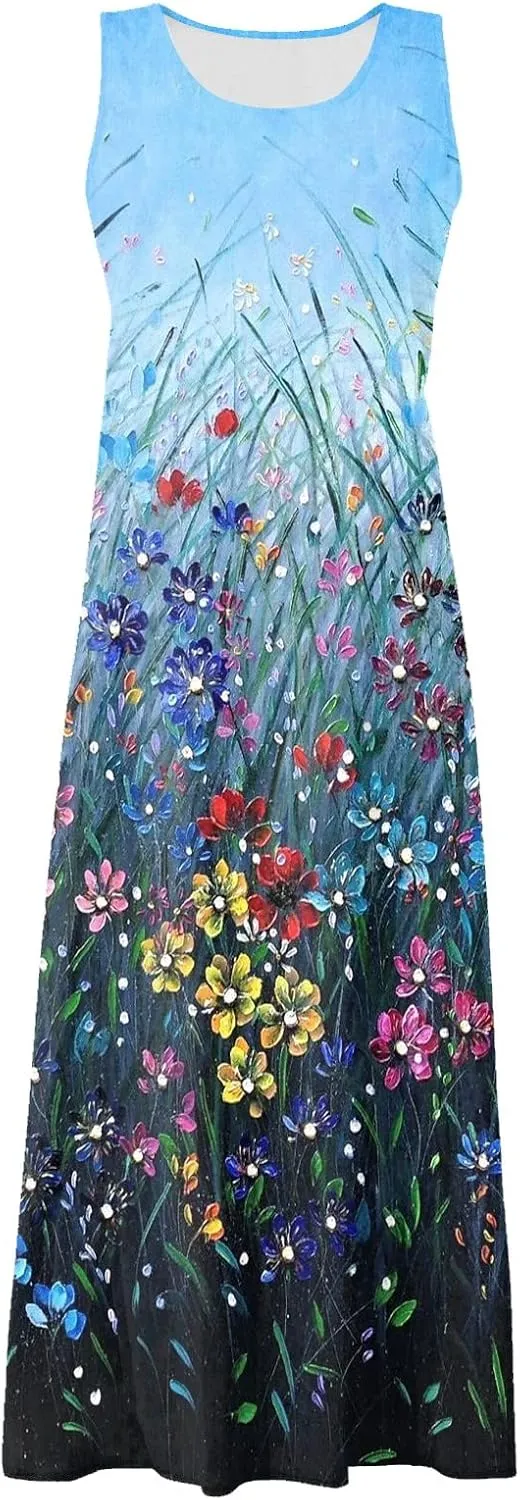 Sundresses for Women 2025 Sleeveless U Neck Boho Dress Floral Print A-Line Sundress Flowy Tank Dress with Pockets