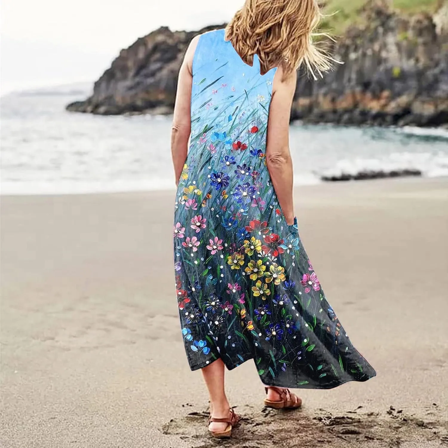 Sundresses for Women 2025 Sleeveless U Neck Boho Dress Floral Print A-Line Sundress Flowy Tank Dress with Pockets