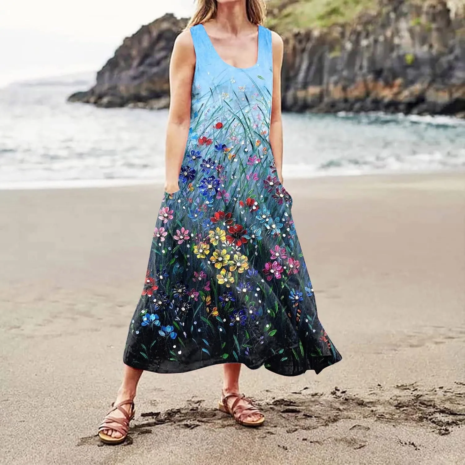 Sundresses for Women 2025 Sleeveless U Neck Boho Dress Floral Print A-Line Sundress Flowy Tank Dress with Pockets