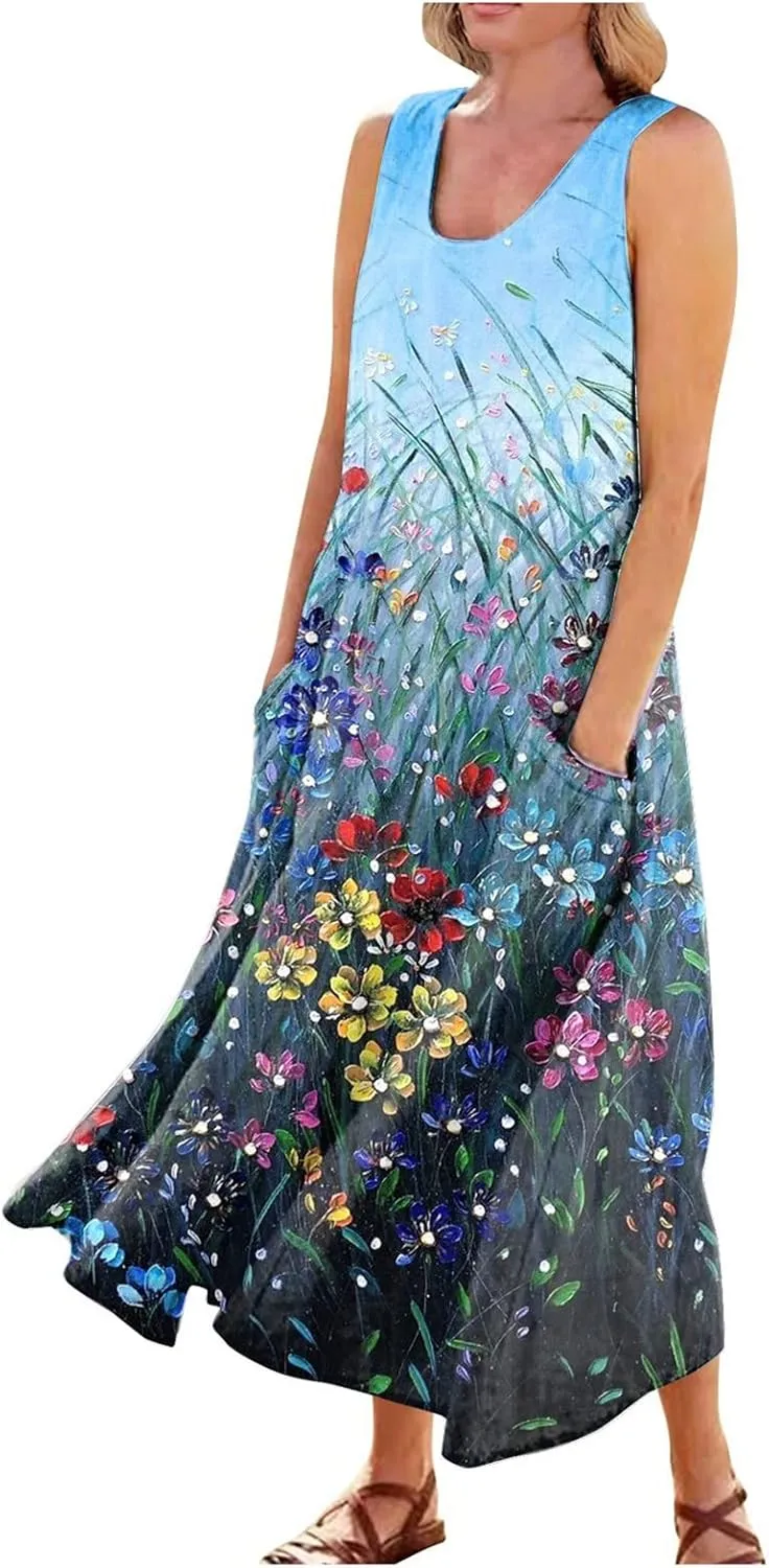 Sundresses for Women 2025 Sleeveless U Neck Boho Dress Floral Print A-Line Sundress Flowy Tank Dress with Pockets