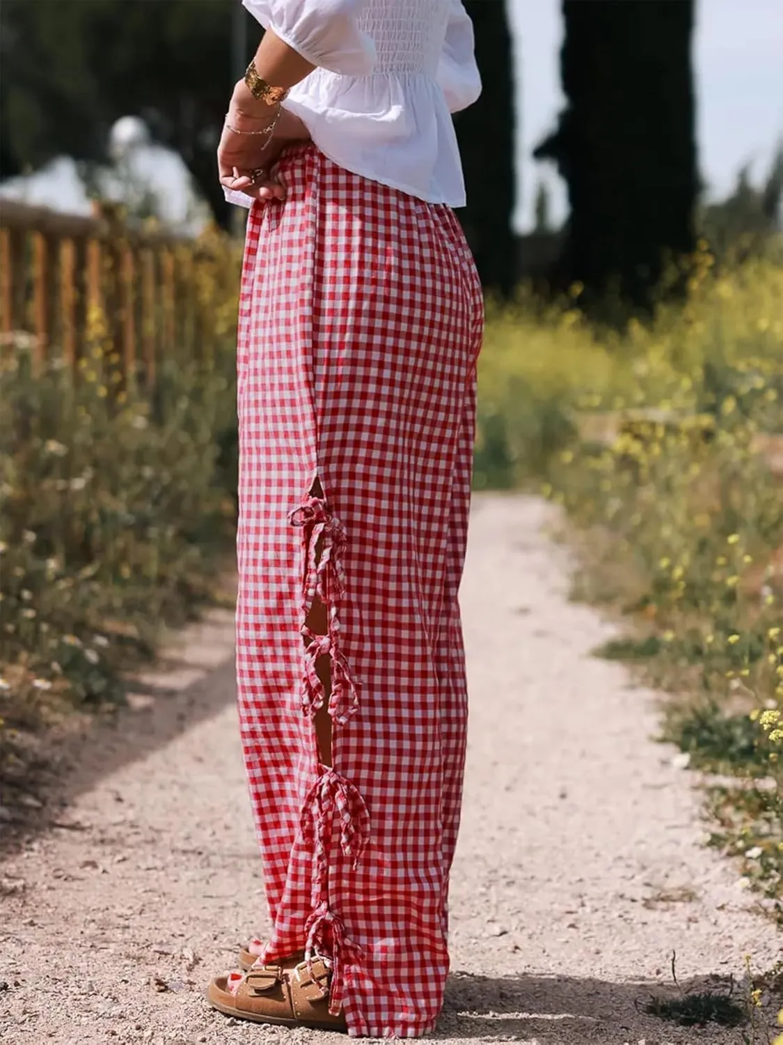 Sunloudy Women Y2K Wide Leg Gingham Pants Elastic High Waist Side Tie Loose Fit Plaid Trouser Lounge Pants