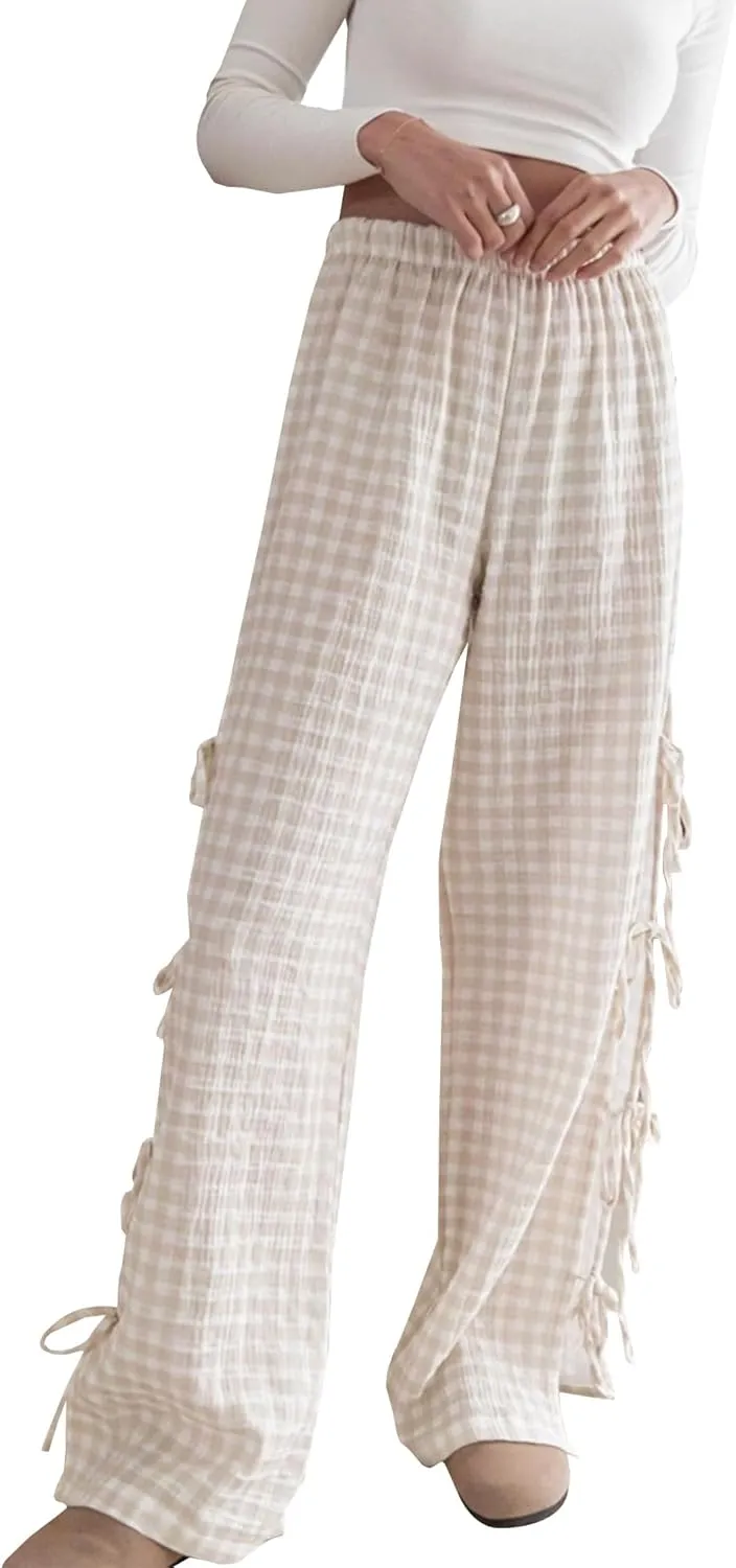 Sunloudy Women Y2K Wide Leg Gingham Pants Elastic High Waist Side Tie Loose Fit Plaid Trouser Lounge Pants