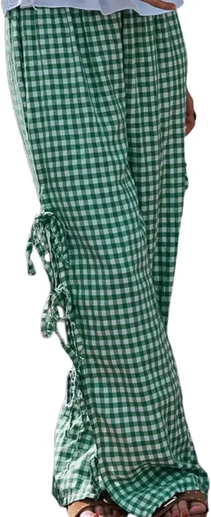 Sunloudy Women Y2K Wide Leg Gingham Pants Elastic High Waist Side Tie Loose Fit Plaid Trouser Lounge Pants