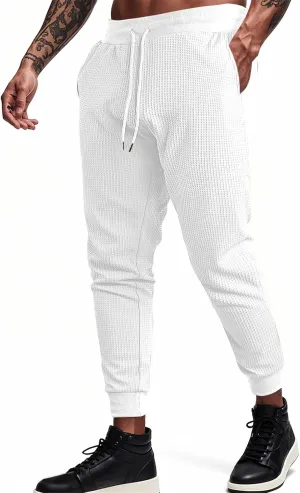 Sweatpants for Men Textured Waffle Knit Pants Casual Joggers Elastic Waist Drawstring Tapered Sweatpants with Pockets