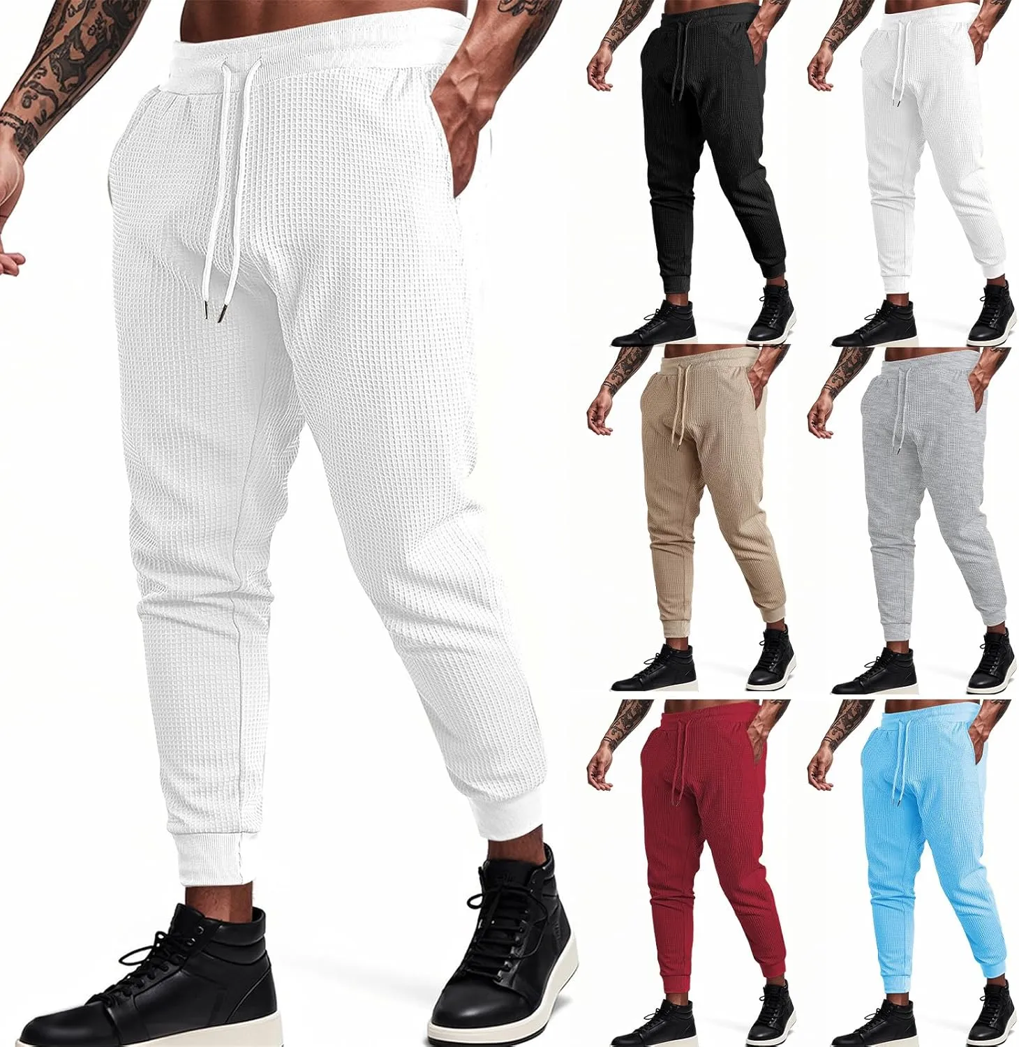 Sweatpants for Men Textured Waffle Knit Pants Casual Joggers Elastic Waist Drawstring Tapered Sweatpants with Pockets