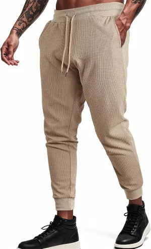 Sweatpants for Men Textured Waffle Knit Pants Casual Joggers Elastic Waist Drawstring Tapered Sweatpants with Pockets