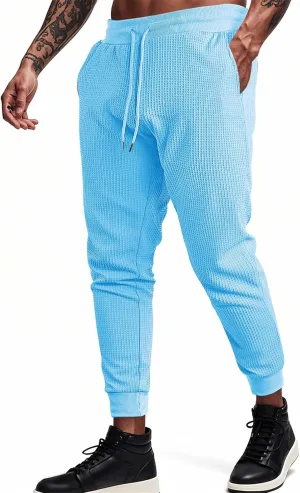 Sweatpants for Men Textured Waffle Knit Pants Casual Joggers Elastic Waist Drawstring Tapered Sweatpants with Pockets