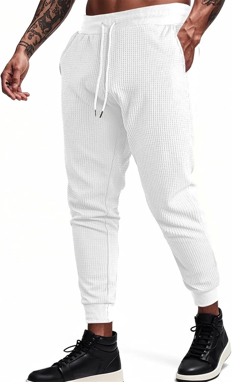 Sweatpants for Men Textured Waffle Knit Pants Casual Joggers Elastic Waist Drawstring Tapered Sweatpants with Pockets