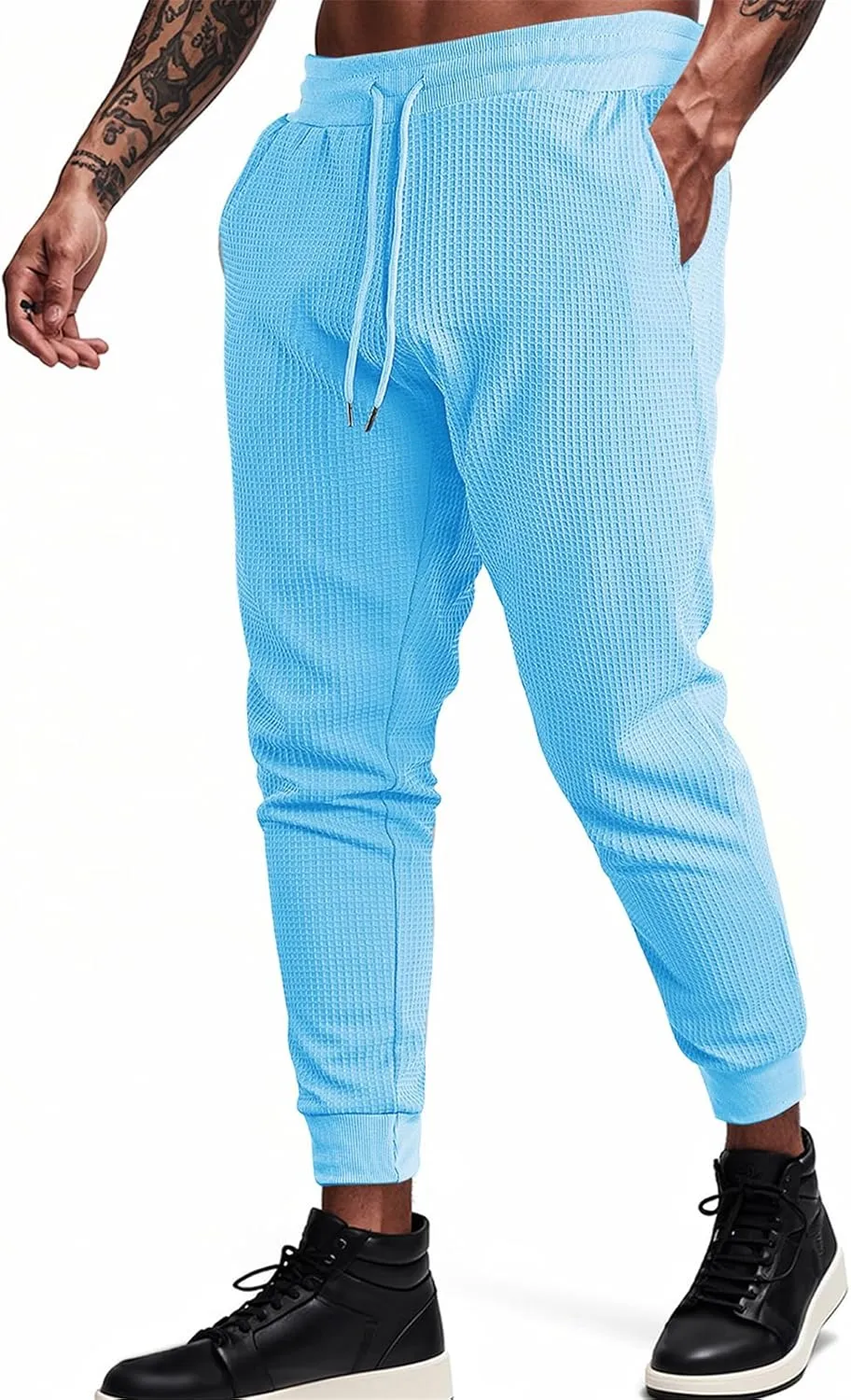 Sweatpants for Men Textured Waffle Knit Pants Casual Joggers Elastic Waist Drawstring Tapered Sweatpants with Pockets