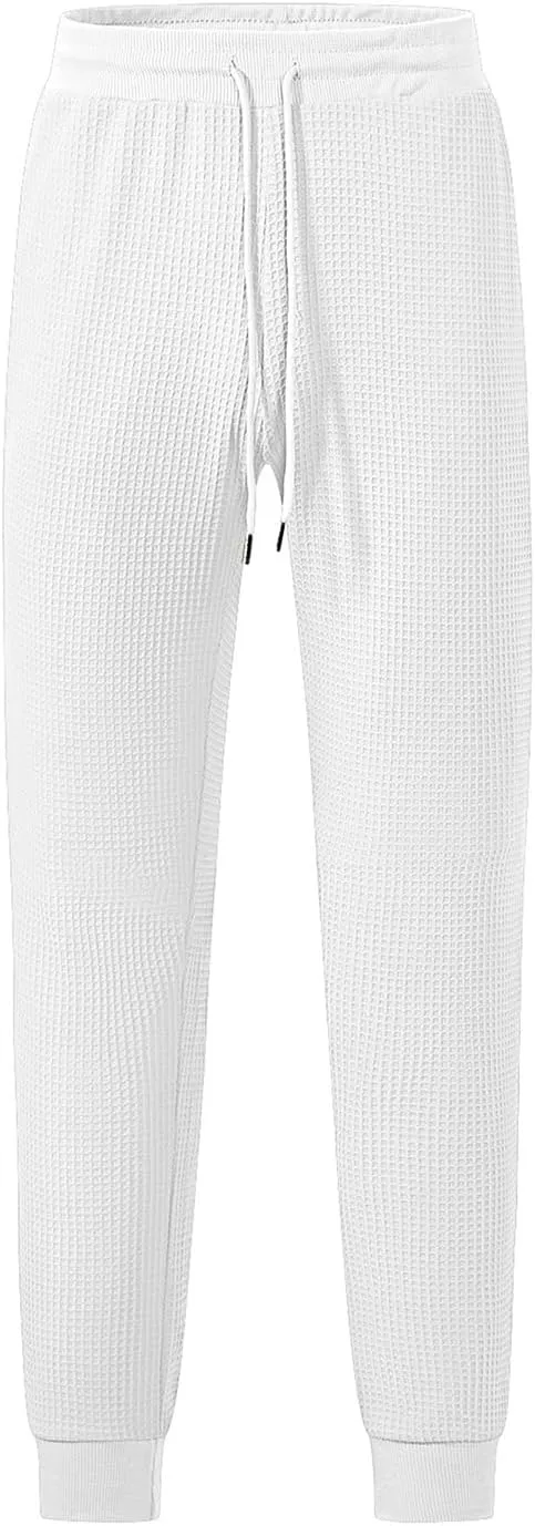 Sweatpants for Men Textured Waffle Knit Pants Casual Joggers Elastic Waist Drawstring Tapered Sweatpants with Pockets