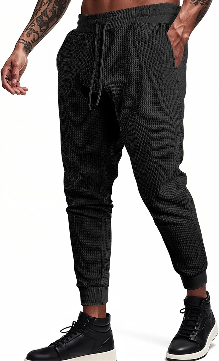 Sweatpants for Men Textured Waffle Knit Pants Casual Joggers Elastic Waist Drawstring Tapered Sweatpants with Pockets