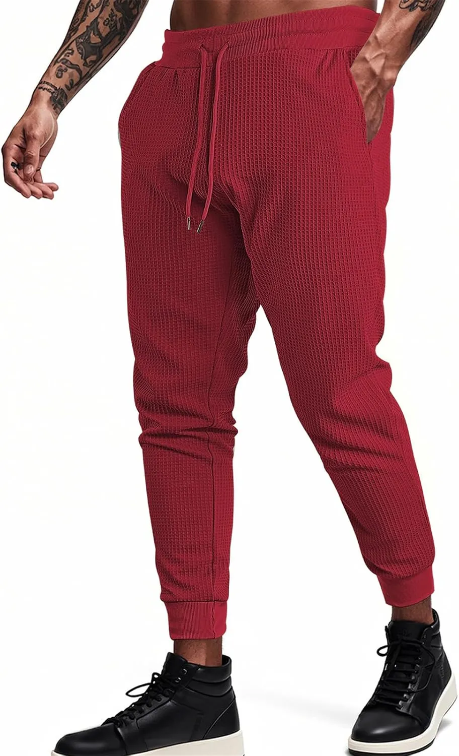 Sweatpants for Men Textured Waffle Knit Pants Casual Joggers Elastic Waist Drawstring Tapered Sweatpants with Pockets