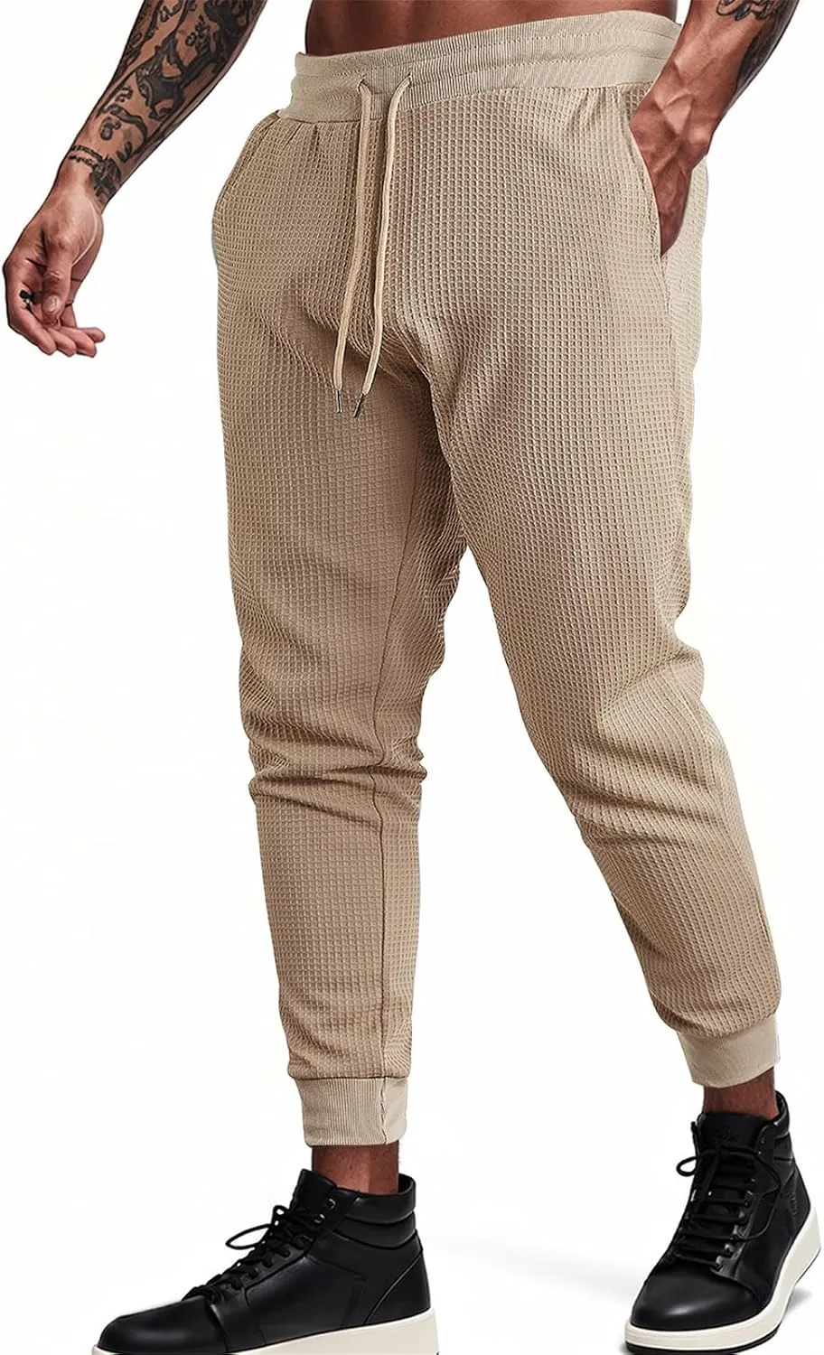 Sweatpants for Men Textured Waffle Knit Pants Casual Joggers Elastic Waist Drawstring Tapered Sweatpants with Pockets