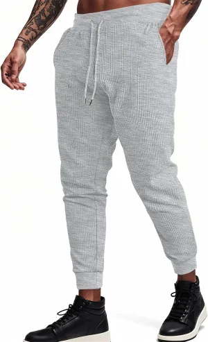 Sweatpants for Men Textured Waffle Knit Pants Casual Joggers Elastic Waist Drawstring Tapered Sweatpants with Pockets