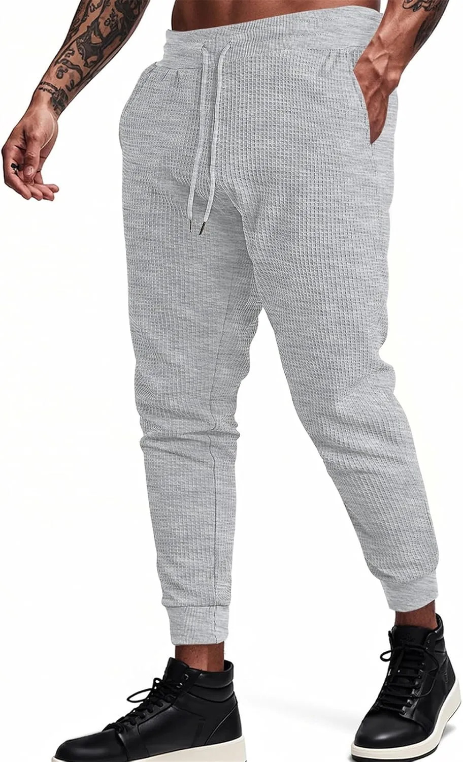 Sweatpants for Men Textured Waffle Knit Pants Casual Joggers Elastic Waist Drawstring Tapered Sweatpants with Pockets