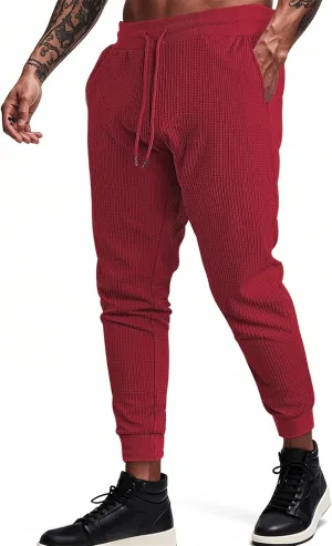Sweatpants for Men Textured Waffle Knit Pants Casual Joggers Elastic Waist Drawstring Tapered Sweatpants with Pockets