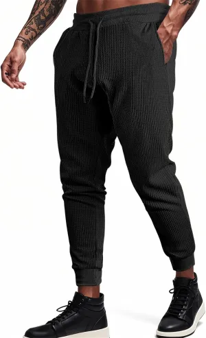 Sweatpants for Men Textured Waffle Knit Pants Casual Joggers Elastic Waist Drawstring Tapered Sweatpants with Pockets
