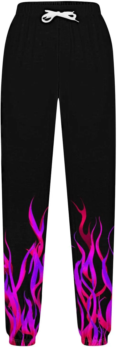 Sweatpants for Women Novelty Flame Printed Drawstring Waisted Cinch Bottom Joggers Baggy Lounge Pants with Pockets